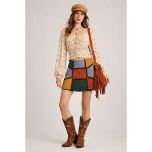 Gianni Bini S Faux Suede Multicolor Patchwork Mini Skirt